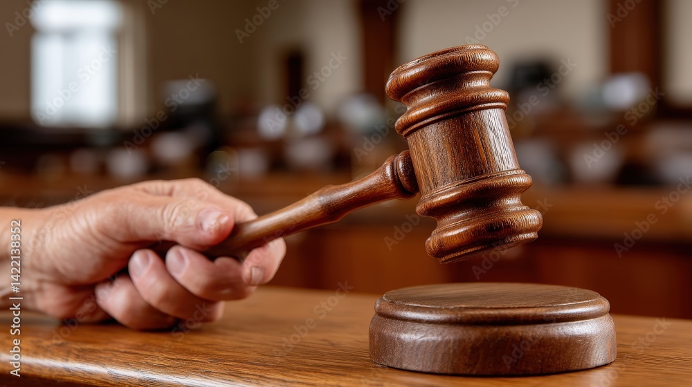Hand holding wooden gavel in courtroom setting with blurred background of judge's bench and legal environment Hand holding wooden gavel in courtroom setting with blurred background of judge's bench and legal environment