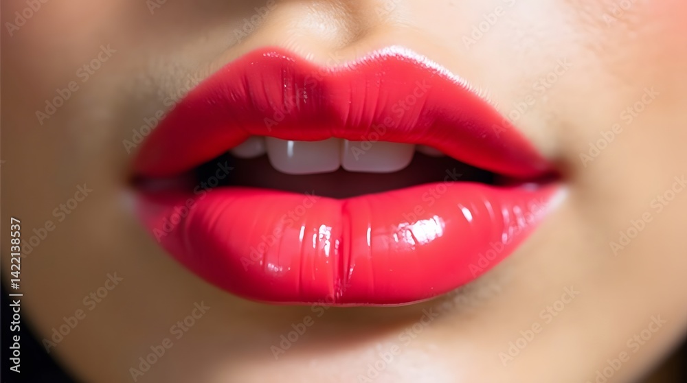 Close-up of glossy red lips slightly parted, showing white teeth. Ideal for beauty, fashion, and cosmetic themes. Close-up of glossy red lips slightly parted, showing white teeth. Ideal for beauty, fashion, and cosmetic themes.