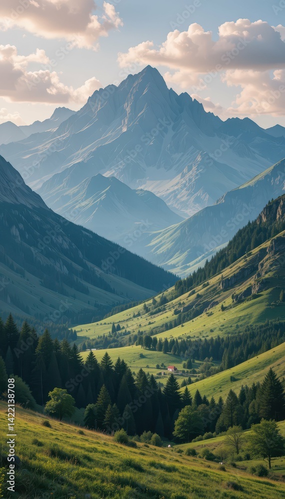Obraz premium Breathtaking Mountain Landscape with Lush Green Valleys and Peaks