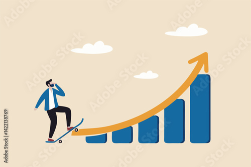 Growth for success, growing business to achieve goal, progress or improvement, career development or financial profit earning, businessman with skateboard prepare to run on growth rising graph.