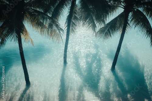 Tropical Palm Trees, Water, Sunlight. Lush palm trees, a light-filled scene of water, casting soft shadows