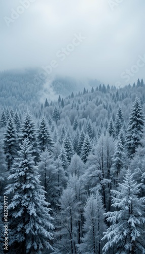 Winter Forest Landscape with Snowy Trees and Misty Mountains
