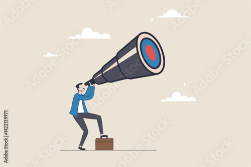 Search for business target or goal, mission or objective to achieve, discover purpose or find strategy to reach goal or destination concept, businessman look through telescope to find target or goal.