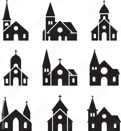 Collection of Nine Simple Church Building Icons