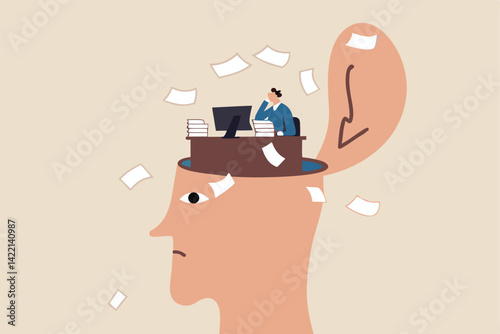 Work anxiety, stress or burnout, exhausted job or overload tired, job fatigue from overworked, depression and mental health concept, overwhelmed frustrated businessman working hard on his busy head.