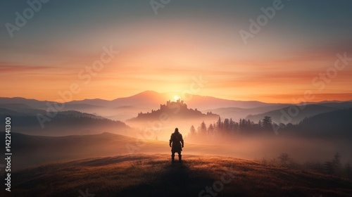 Person contemplating sunrise over a misty castle