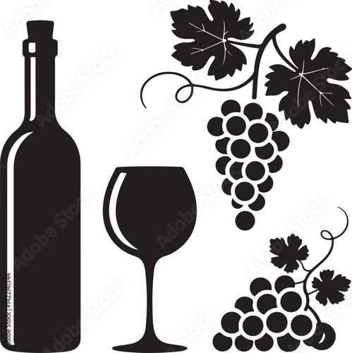 Wine Bottle Glass Grapes Vine Leaves Silhouette Icon