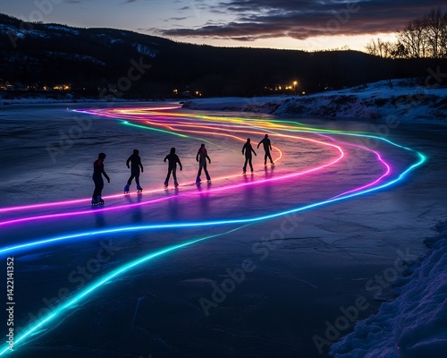 Ice skaters a frozen lake with LED blades colorful streaks under moonlight