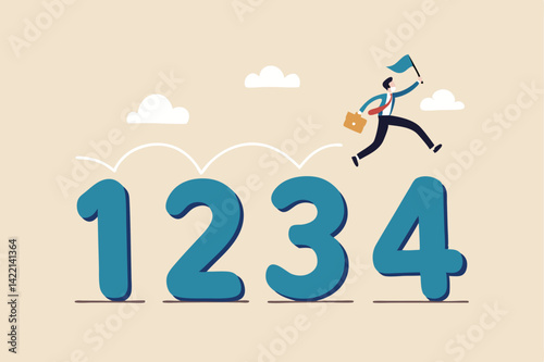 Step by step guide to success, business manual, instruction or guideline, process or improvement ladder, follow advice or lesson concept, smart businessman jumping on guideline number from 1 to 4.