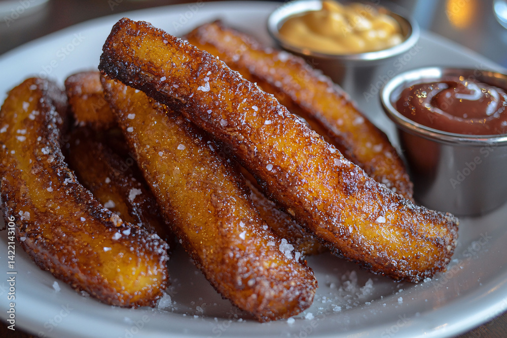 Fototapeta premium Plate Golden-Brown, Crispy Potato Wedges Is Shown Sprinkled Sea Salt. Two Small Bowls Dipping Sauces, One Light Yellow Dark Brown, Are Also Included.