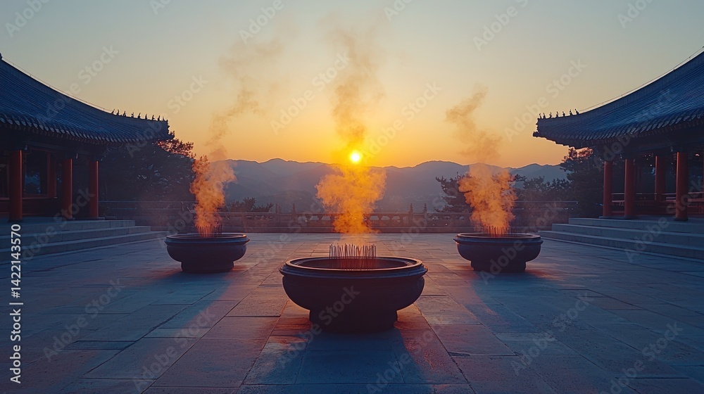 Sunrise ceremony in ancient temple