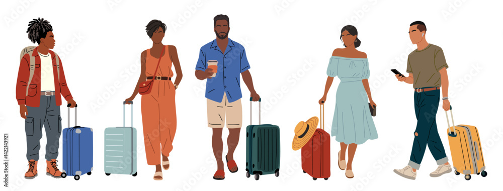 Flat hand-drawn vector illustration of a diverse group of modern travelers with luggage. Stylish men and women walking with suitcases, ready for vacation or airport departure. Transparent background
