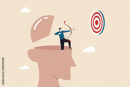 Success mindset, attitude to achieve goal or target, challenge to succeed in work, growth mindset or thought leader and determination concept, courage businessman archery aiming bot to hit target.