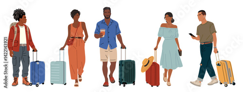 Flat hand-drawn vector illustration of a diverse group of modern travelers with luggage. Stylish men and women walking with suitcases, ready for vacation or airport departure. Transparent background