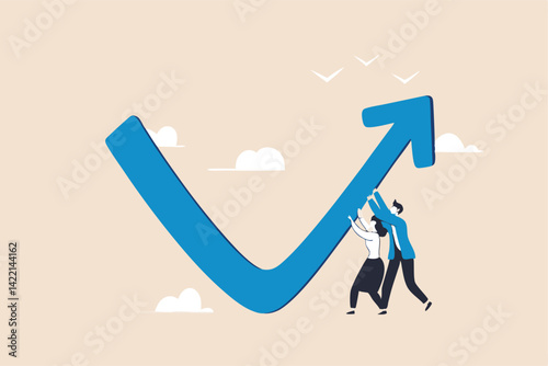Economic recovery, bouncing from crisis or company return from loss to make profit, growth and success, business challenge in recession, business people help push falling arrow to rising up direction.