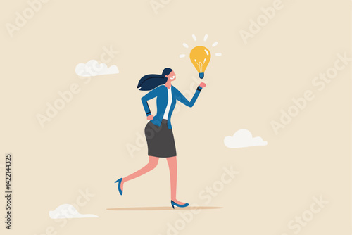 Businesswoman thinking about idea, solution or strategy planning, career or occupation, expertise or professional to solve problem concept, cheerful businesswoman got new idea lightbulb in her hand.