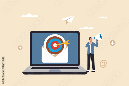 Email marketing, subscribe newsletter or sending online promotion to drive customer to website, communication and advertise concept, businessman with megaphone and targeting email on computer laptop.