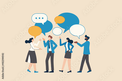 Discussion, conversation or brainstorming for idea, meeting, debate or team communication, colleague chatting, opinion concept, business team coworker discussing work in meeting with speech bubbles.