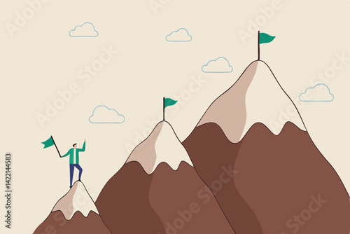 Ambition to success and achieve target, career growth or business goals, challenge to win, achievement or victory concept, motivated businessman reach mountain peak aiming to achieve higher targets.