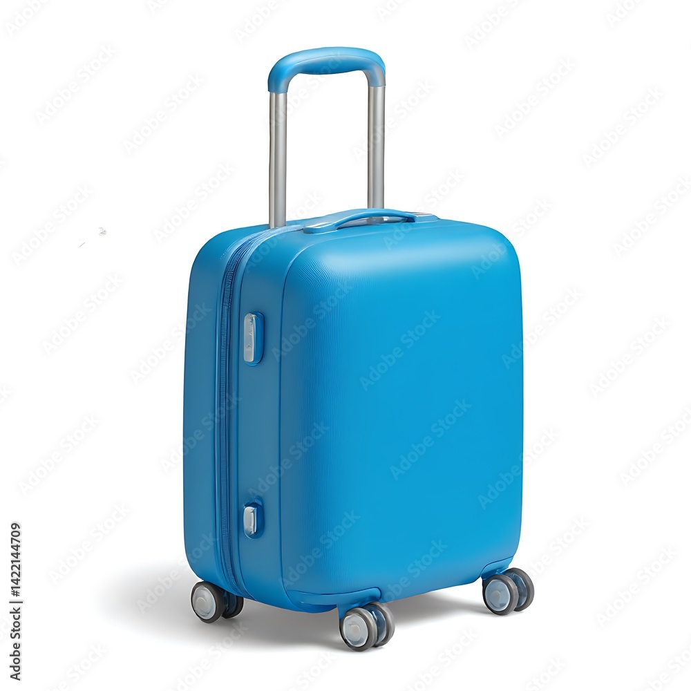 Upright blue suitcase with handle and wheels, studio shot isolated on white background Upright blue suitcase with handle and wheels, studio shot isolated on white background