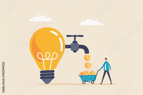 Startup company start generate revenue or income, business idea to make money, gain profit or create sales concept, businessman get money from revenue faucet flowing from lightbulb idea.