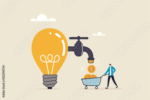 Startup company start generate revenue or income, business idea to make money, gain profit or create sales concept, businessman get money from revenue faucet flowing from lightbulb idea.