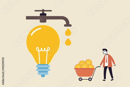 Startup company start generate revenue or income, business idea to make money, gain profit or create sales concept, businessman get money from revenue faucet flowing from lightbulb idea.