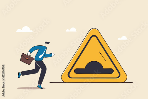 Business slow down due to obstacles, difficulty or speed limit, beware of crisis ahead or recession, economic depression concept, businessman running with arrow to find speed bump slow down sign.