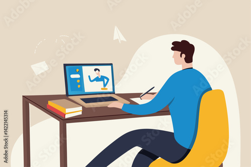 Study online course, learning new skill from internet or e-learning website, training or online class for knowledge concept, young adult employee studying online course on computer laptop.