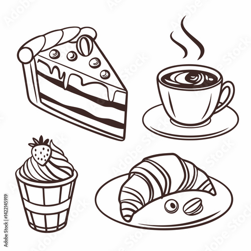 Cute line doodle coffee shop icon set. Hot and cold drinks, desserts, cake, sandwich, croissant. Hand drawn cafe and patisserie design elements. Crayon scribble and squiggle  drawings, white backgroun