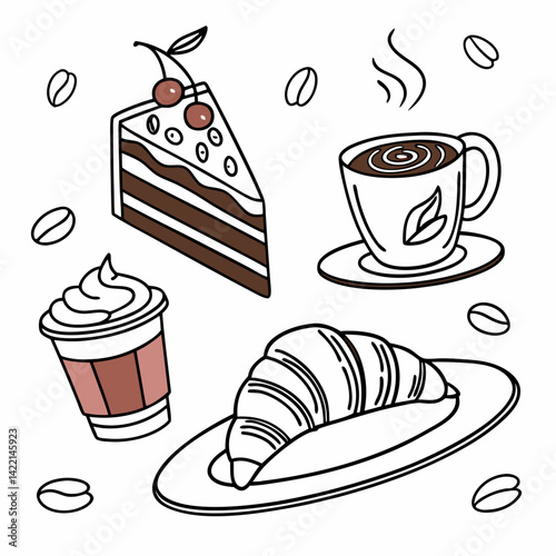 Cute line doodle coffee shop icon set. Hot and cold drinks, desserts, cake, sandwich, croissant. Hand drawn cafe and patisserie design elements. Crayon scribble and squiggle  drawings, white backgroun