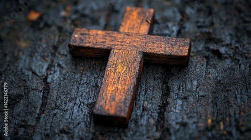 Wooden cross on charred wood