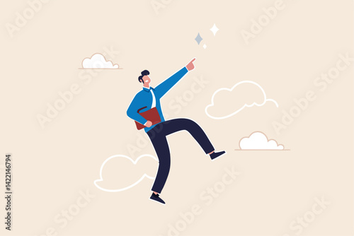 Success businessman winning competition, achieve goal or business winner, victory or succeed in work, prize honor concept, cheerful businessman jumping while wearing fan foam finger with number one.