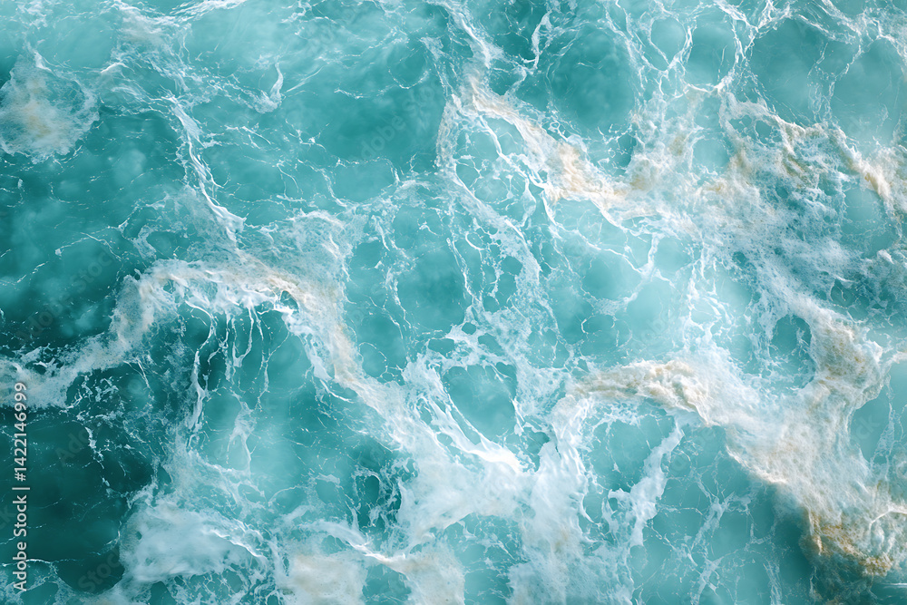 Aerial view of vibrant turquoise ocean water with foamy waves swirling across the surface. The mesmerizing texture and motion create a dynamic, refreshing marine scene. Aerial view of vibrant turquoise ocean water with foamy waves swirling across the surface. The mesmerizing texture and motion create a dynamic, refreshing marine scene.