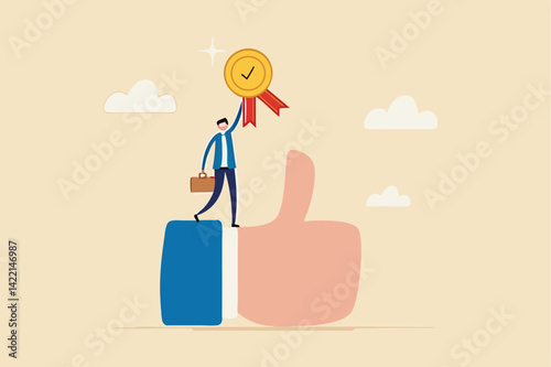 Employee of the month, great manager or success staff winning award, staff appreciation or best office worker concept, success businessman manager celebrating employee award on big thumb up symbol.