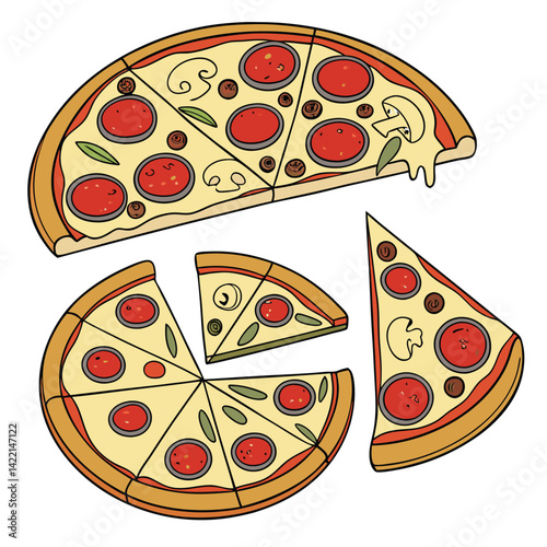 Hand-Drawn Pizza Slices Illustrations,
Delicious Pizza with Toppings Clipart,
Fun and Colorful Pizza Slice Designs.
