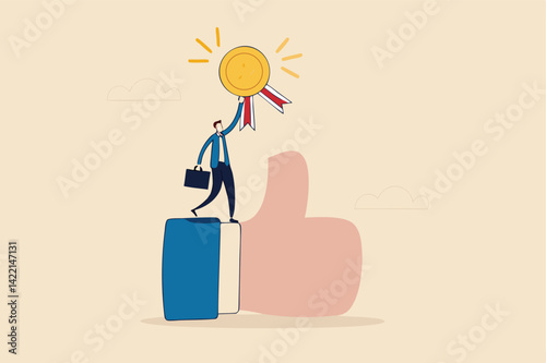 Employee of the month, great manager or success staff winning award, staff appreciation or best office worker concept, success businessman manager celebrating employee award on big thumb up symbol.