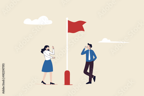 Red flag warning to be careful for business or economic disaster, advice, notice or caution, attention or alert for threat concept, thoughtful businessman and businesswoman look at red flag warning.