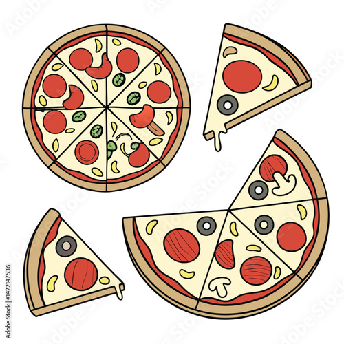 Hand-Drawn Pizza Slices Illustrations,
Delicious Pizza with Toppings Clipart,
Fun and Colorful Pizza Slice Designs.