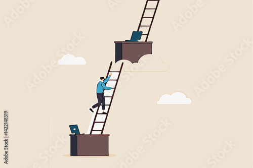Career path or job promote, occupation or ladder of success, growth step or progress to achieve goal, challenge and ambition concept, businessman climb up ladder from his working desk to higher level.