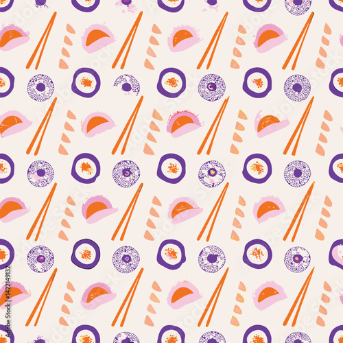 Seamless Minimal Pastel Sushi Elements Vector Pattern