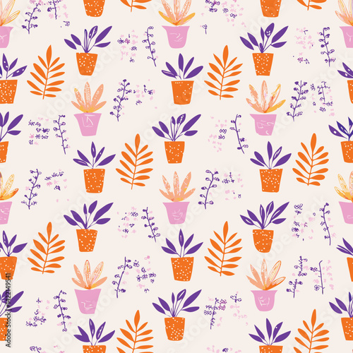 Seamless Stylized Pastel Potted Plants Vector Pattern