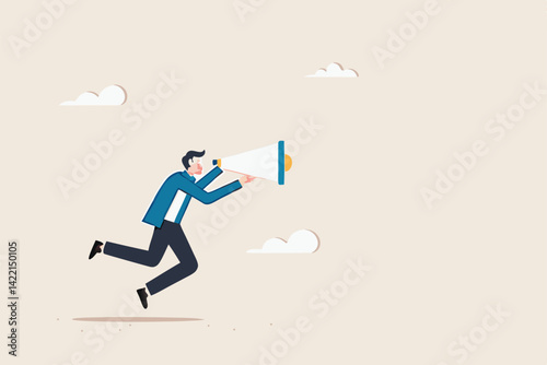 Announcement or storytelling, communication skill or shouting out loud, sending message or attention warning, speak or boss aggression concept, businessman boss shouting on megaphone or loudspeaker.