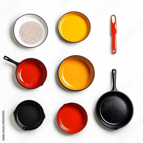 Colorful cookware flatlay with white background.