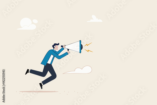 Announcement or storytelling, communication skill or shouting out loud, sending message or attention warning, speak or boss aggression concept, businessman boss shouting on megaphone or loudspeaker.