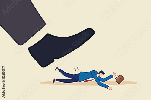 Workplace harassment, abuse or office violence, colleagues bullying or discrimination, bossy manager or aggression concept, violence boss put his giant feet on fearful businessman harassment victim.