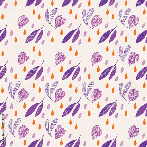 Seamless Abstract Pastel Leaves and Raindrops Vector Pattern