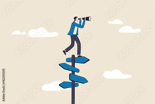 Search for right direction, business opportunity or success way, make decision or career path, vision to see future concept, smart businessman look through spyglass or binoculars to discover solution.