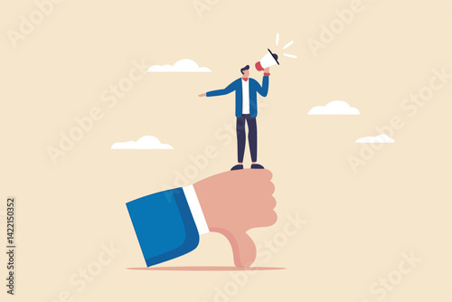 Discredit or blame other people, bullying and discourage speaking, fake news or negative feedback concept, bad businessman with megaphone discredit and blaming other people on thumb down symbol.