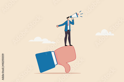 Discredit or blame other people, bullying and discourage speaking, fake news or negative feedback concept, bad businessman with megaphone discredit and blaming other people on thumb down symbol.
